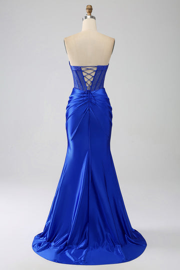 Sirena senza spalline Royal Blue Corsetto Prom Dress con perline